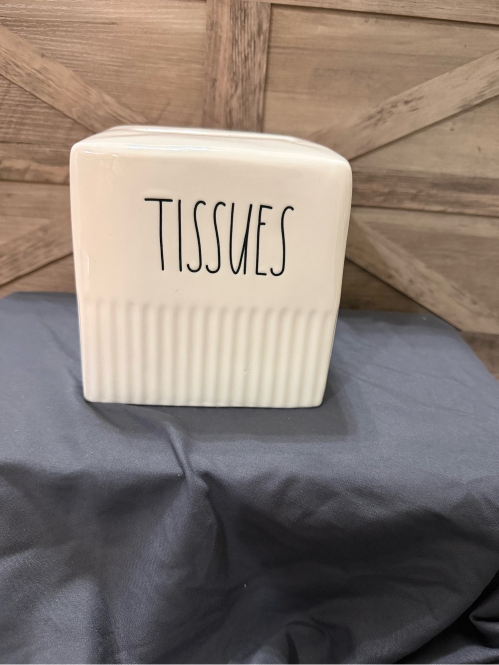 Rae Dunn Cream Ceramic Tissue Holder with Black Lettering